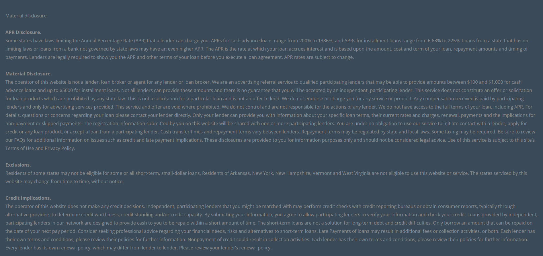 Material disclosure for payday loans in Nashville Tennessee